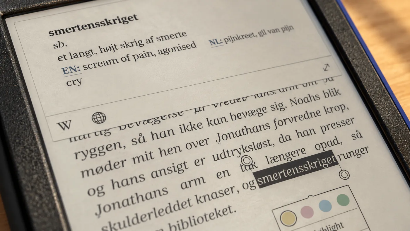 A Kobo e-reader showing the generated dictionary entry for “smertensskriget”.